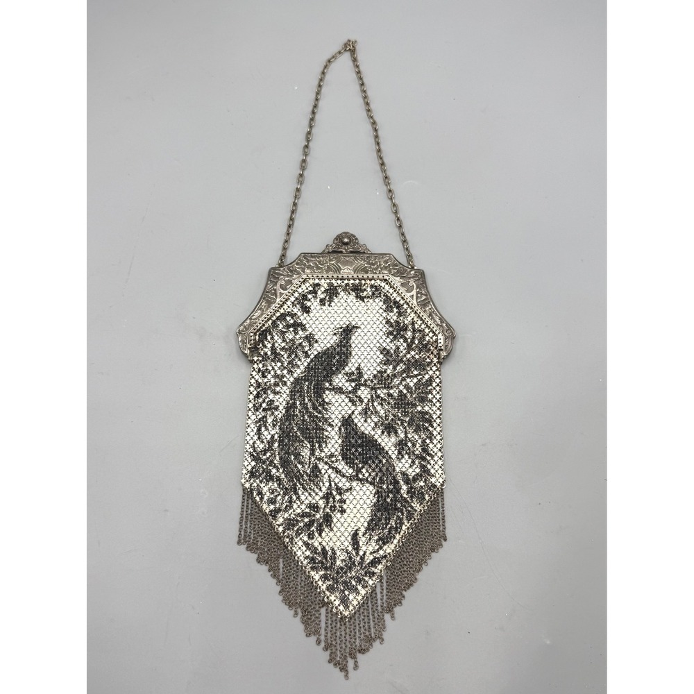 Vtg Mandalian Mfg Co Art Deco Peacock Enamel Mesh Purse Silver blk wht Fringe